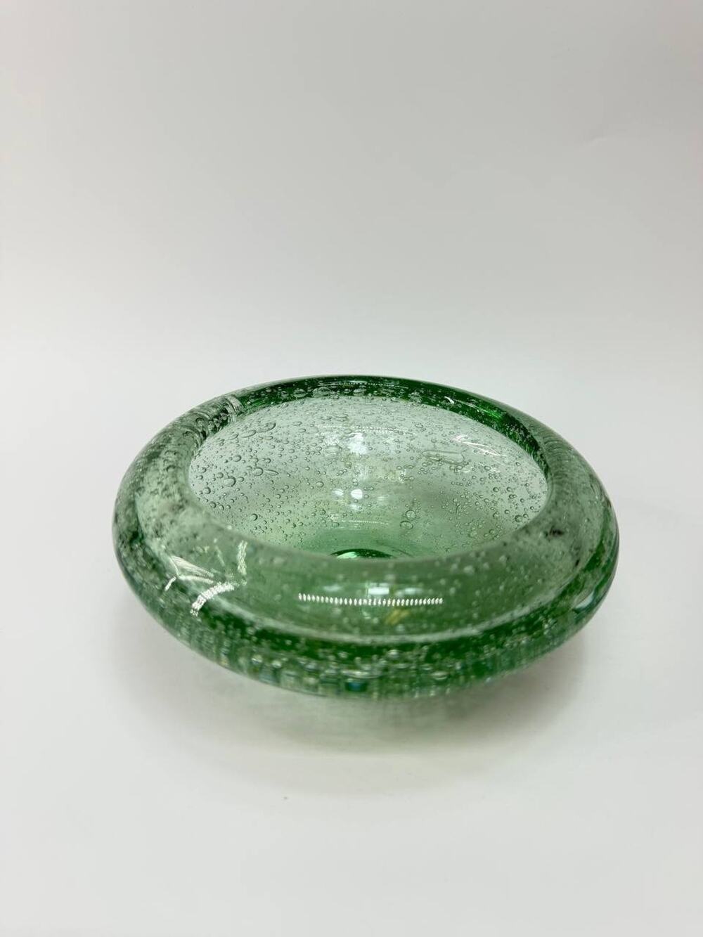 Green Bubble Glass Votive Candle Holder Bowl Heavy Art Glass Round 2 lb Decor
